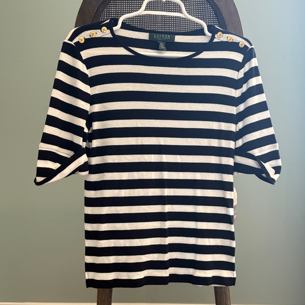 Ralph Lauren Black and White Striped Shirt with Gold Accents